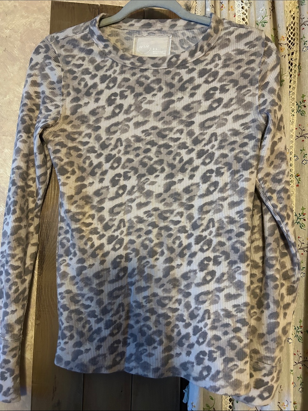 aerie Grey Leopard Print Long Sleeve Top